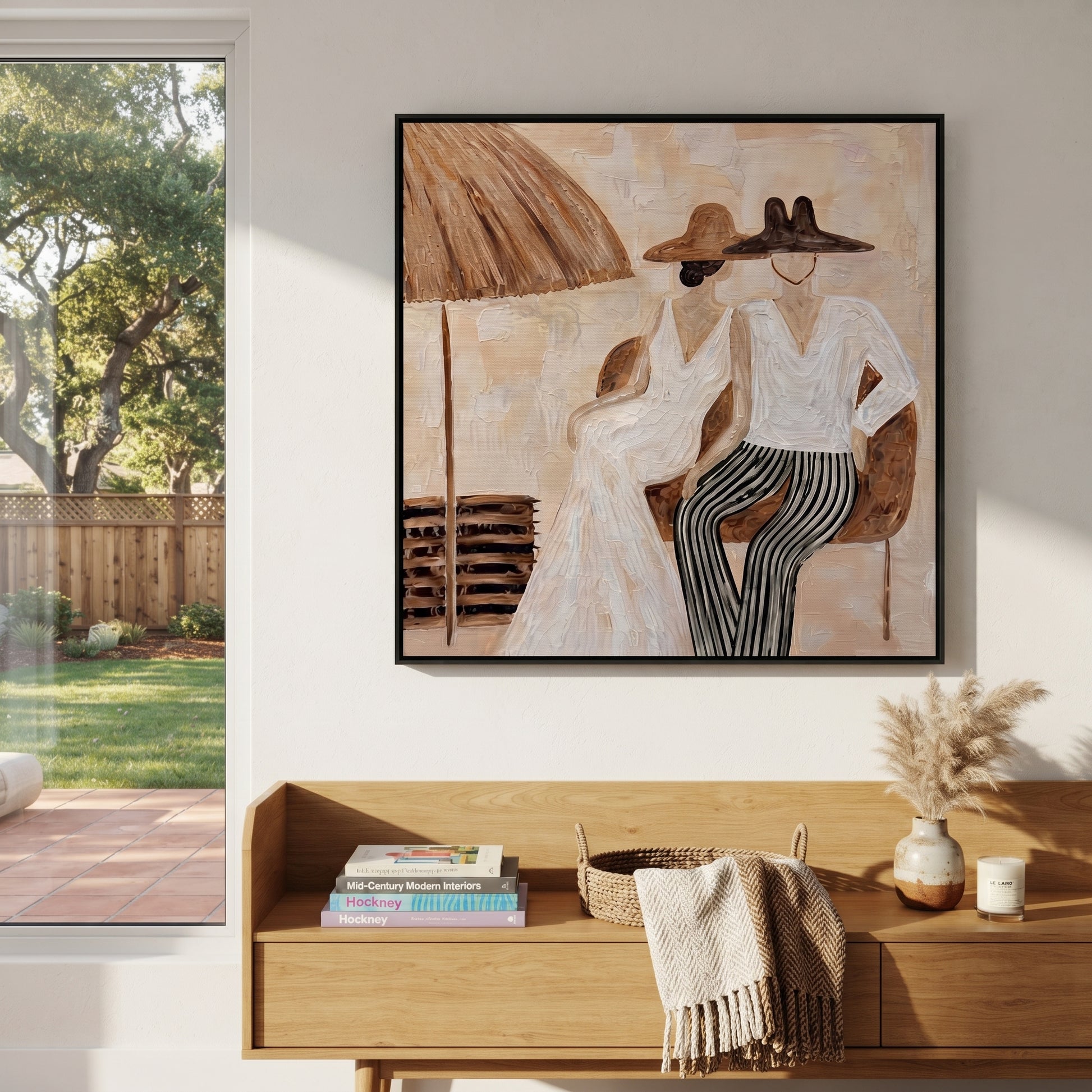 Parasol Holds Their Silence - parasol resort couple painting by Claire Whitmore, modern coastal square wall art – styled room scene view 1