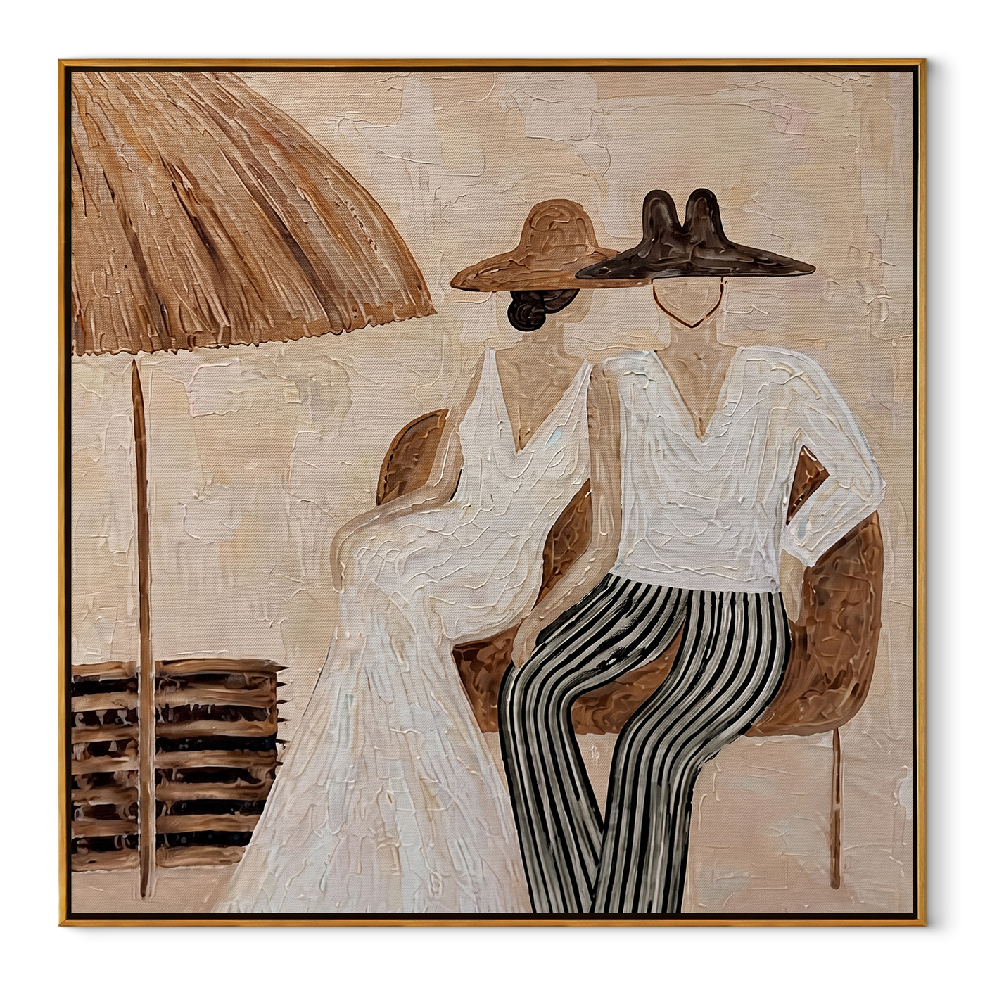 Parasol Holds Their Silence - parasol resort couple painting by Claire Whitmore, modern coastal square wall art – wood frame on white background