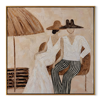 Parasol Holds Their Silence - parasol resort couple painting by Claire Whitmore, modern coastal square wall art – wood frame on white background