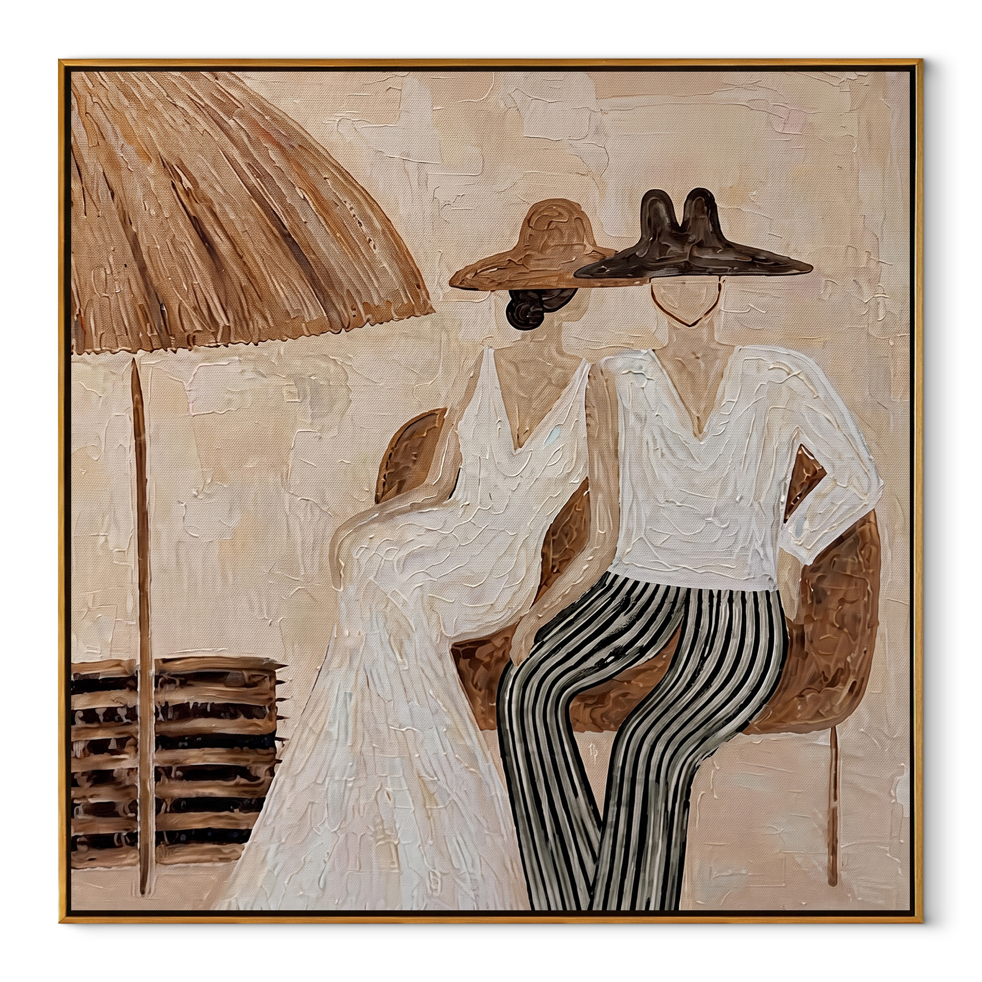 Parasol Holds Their Silence - parasol resort couple painting by Claire Whitmore, modern coastal square wall art – wood frame on white background