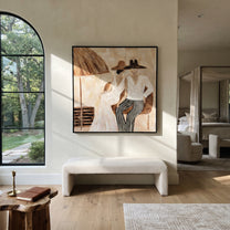 Parasol Holds Their Silence - parasol resort couple painting by Claire Whitmore, modern coastal square wall art – styled room scene view 2