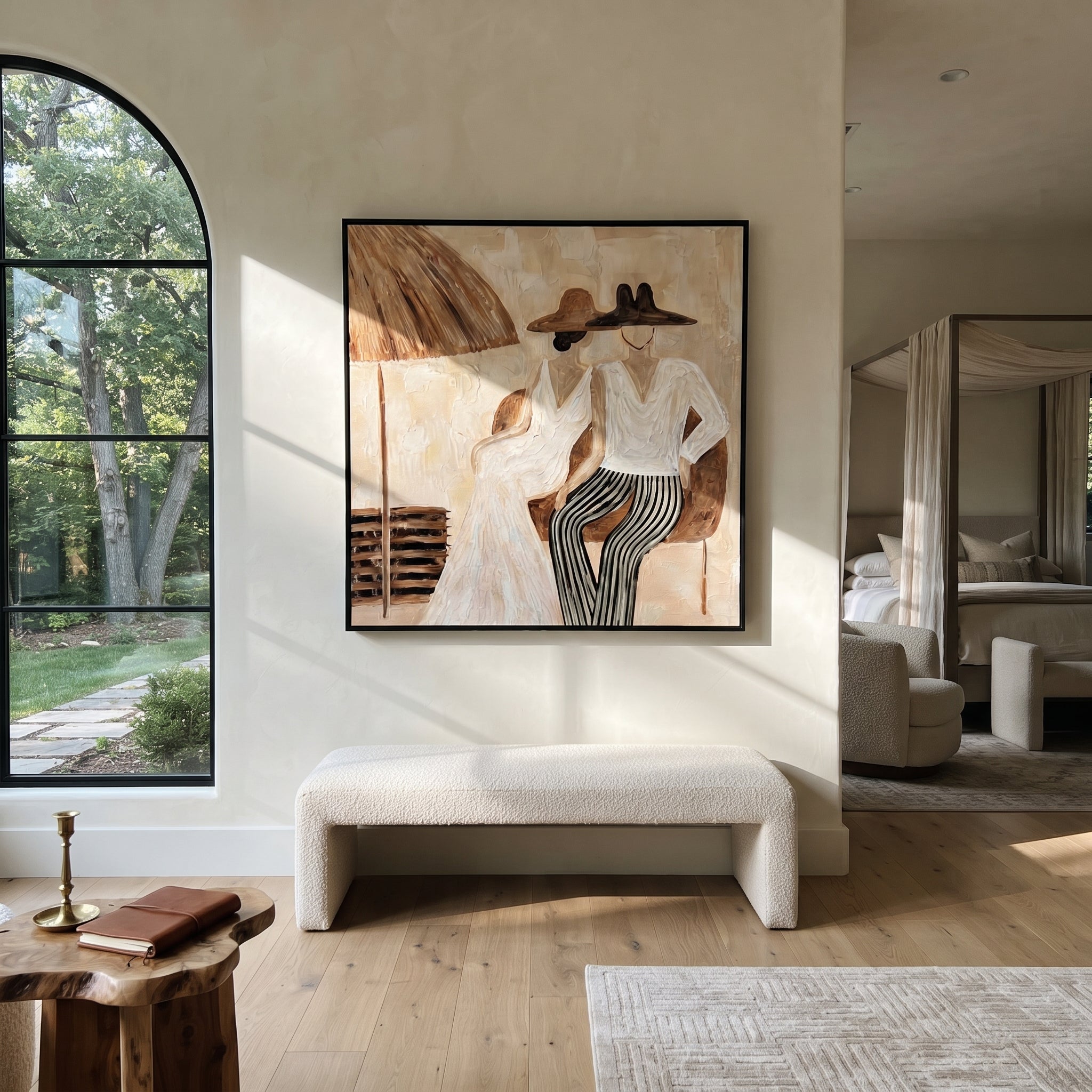 Parasol Holds Their Silence - parasol resort couple painting by Claire Whitmore, modern coastal square wall art – styled room scene view 2