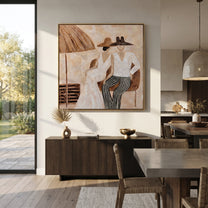 Parasol Holds Their Silence - parasol resort couple painting by Claire Whitmore, modern coastal square wall art – styled room scene view 3