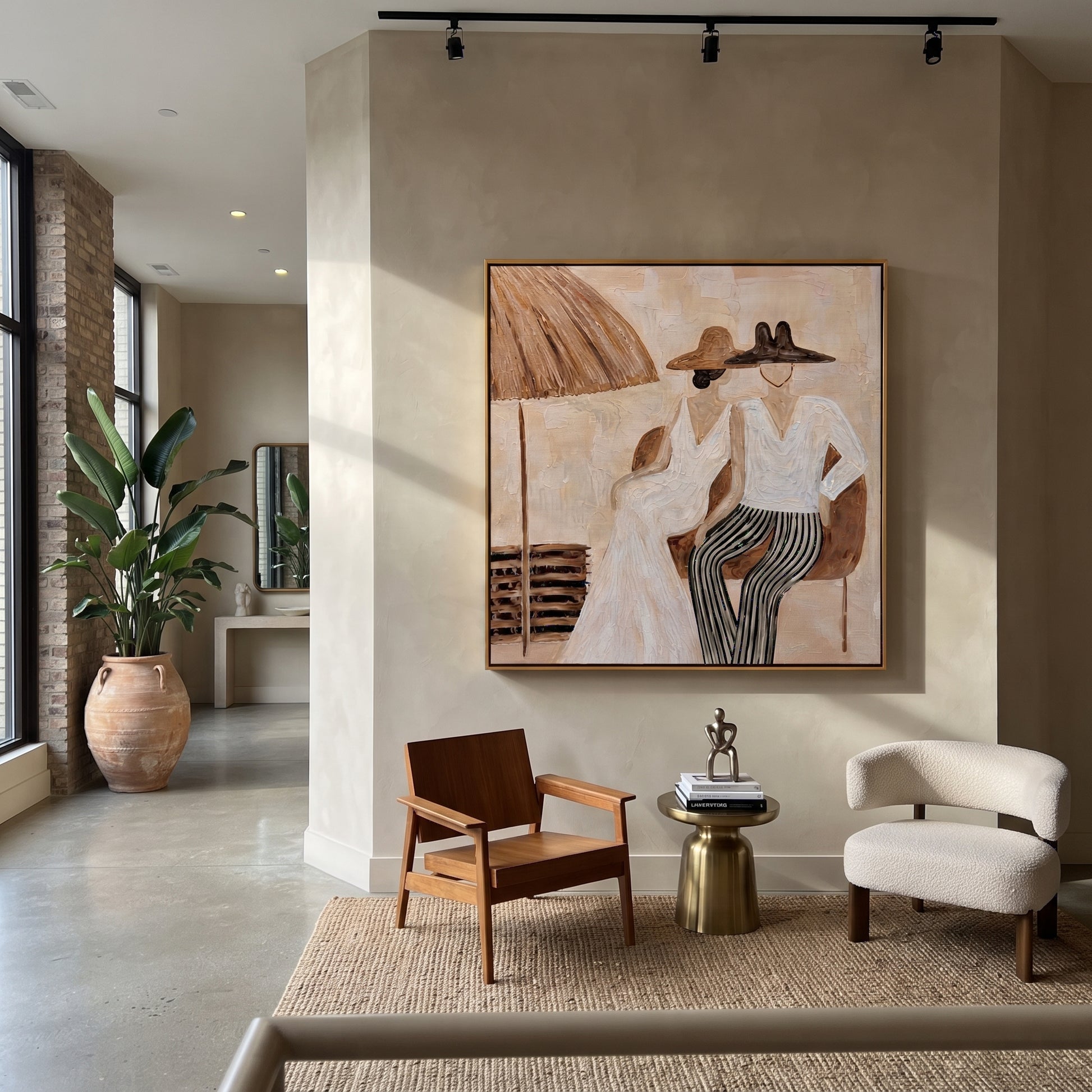 Parasol Holds Their Silence - parasol resort couple painting by Claire Whitmore, modern coastal square wall art – styled room scene view 4