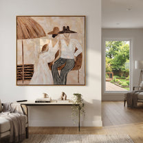 Parasol Holds Their Silence - parasol resort couple painting by Claire Whitmore, modern coastal square wall art – styled room scene view 5