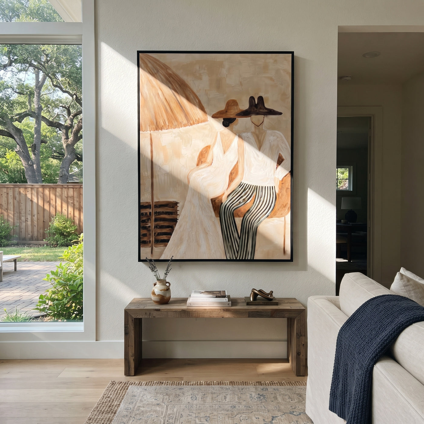 Stripes Lean Into Ivory - striped parasol couple painting by Claire Whitmore, modern coastal vertical wall art – styled room scene view 1