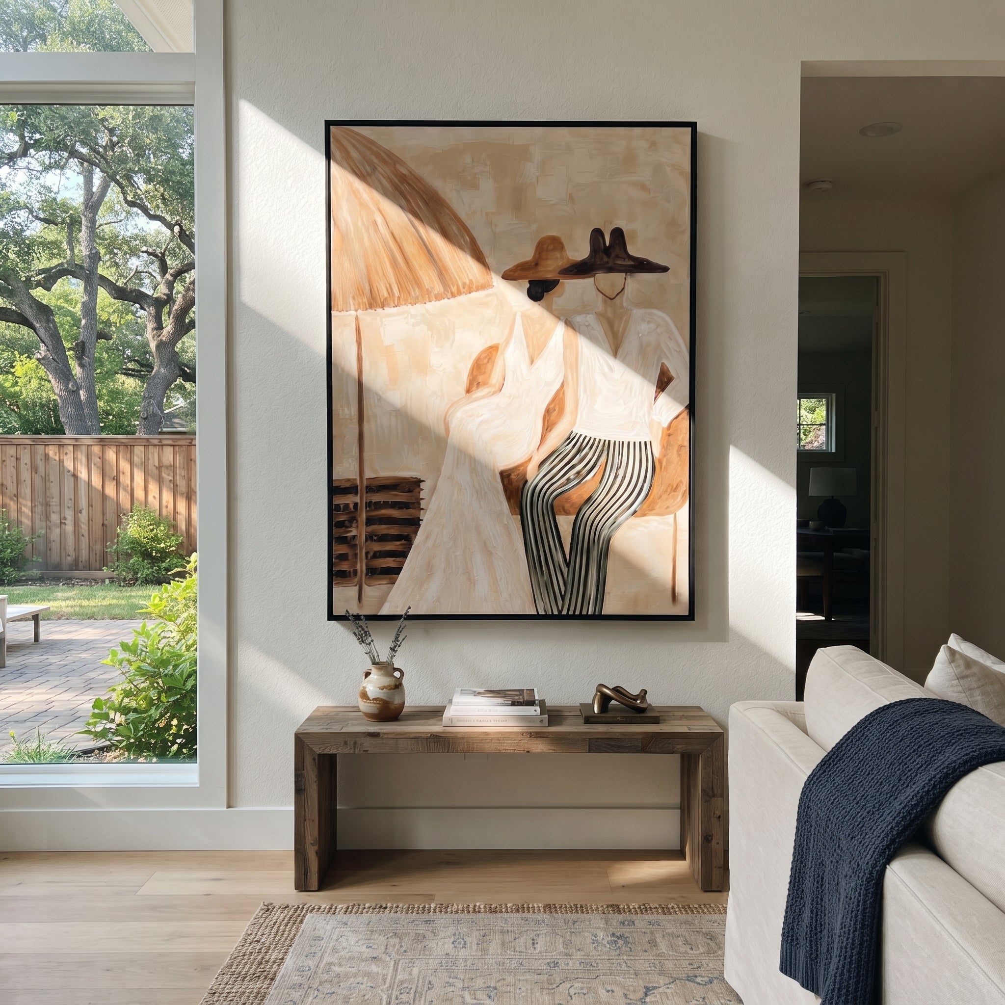 Stripes Lean Into Ivory - striped parasol couple painting by Claire Whitmore, modern coastal vertical wall art – styled room scene view 1