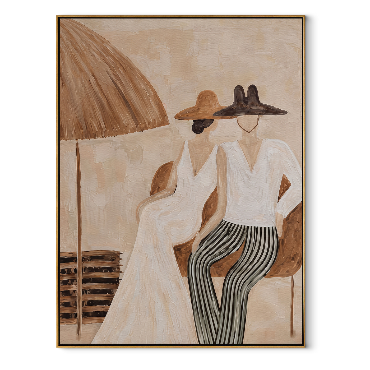 Stripes Lean Into Ivory - striped parasol couple painting by Claire Whitmore, modern coastal vertical wall art – wood frame on white background