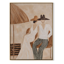 Stripes Lean Into Ivory - striped parasol couple painting by Claire Whitmore, modern coastal vertical wall art – wood frame on white background