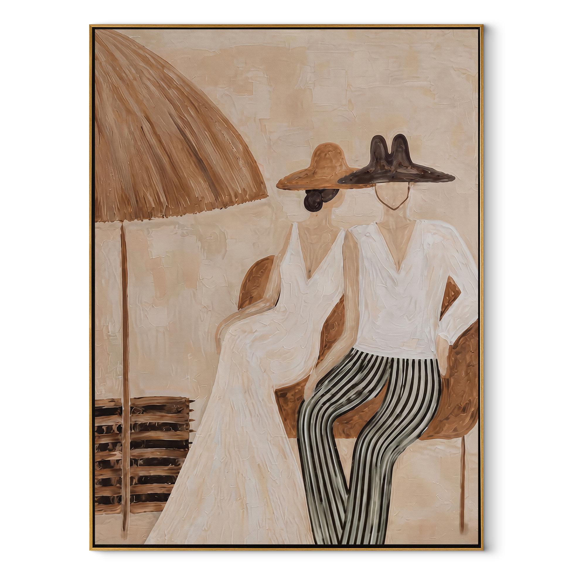 Stripes Lean Into Ivory - striped parasol couple painting by Claire Whitmore, modern coastal vertical wall art – wood frame on white background