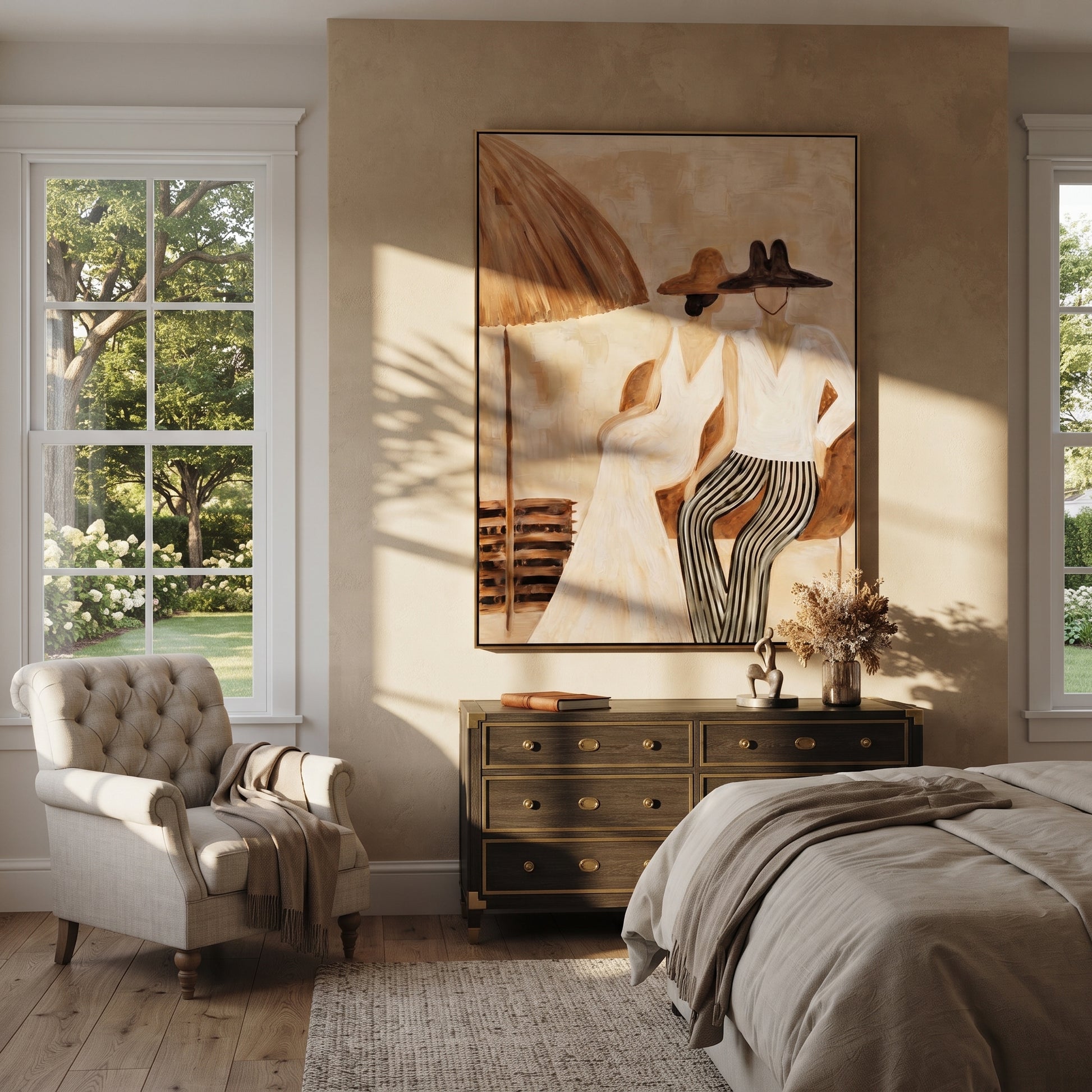 Stripes Lean Into Ivory - striped parasol couple painting by Claire Whitmore, modern coastal vertical wall art – styled room scene view 2
