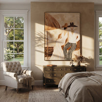 Stripes Lean Into Ivory - striped parasol couple painting by Claire Whitmore, modern coastal vertical wall art – styled room scene view 2