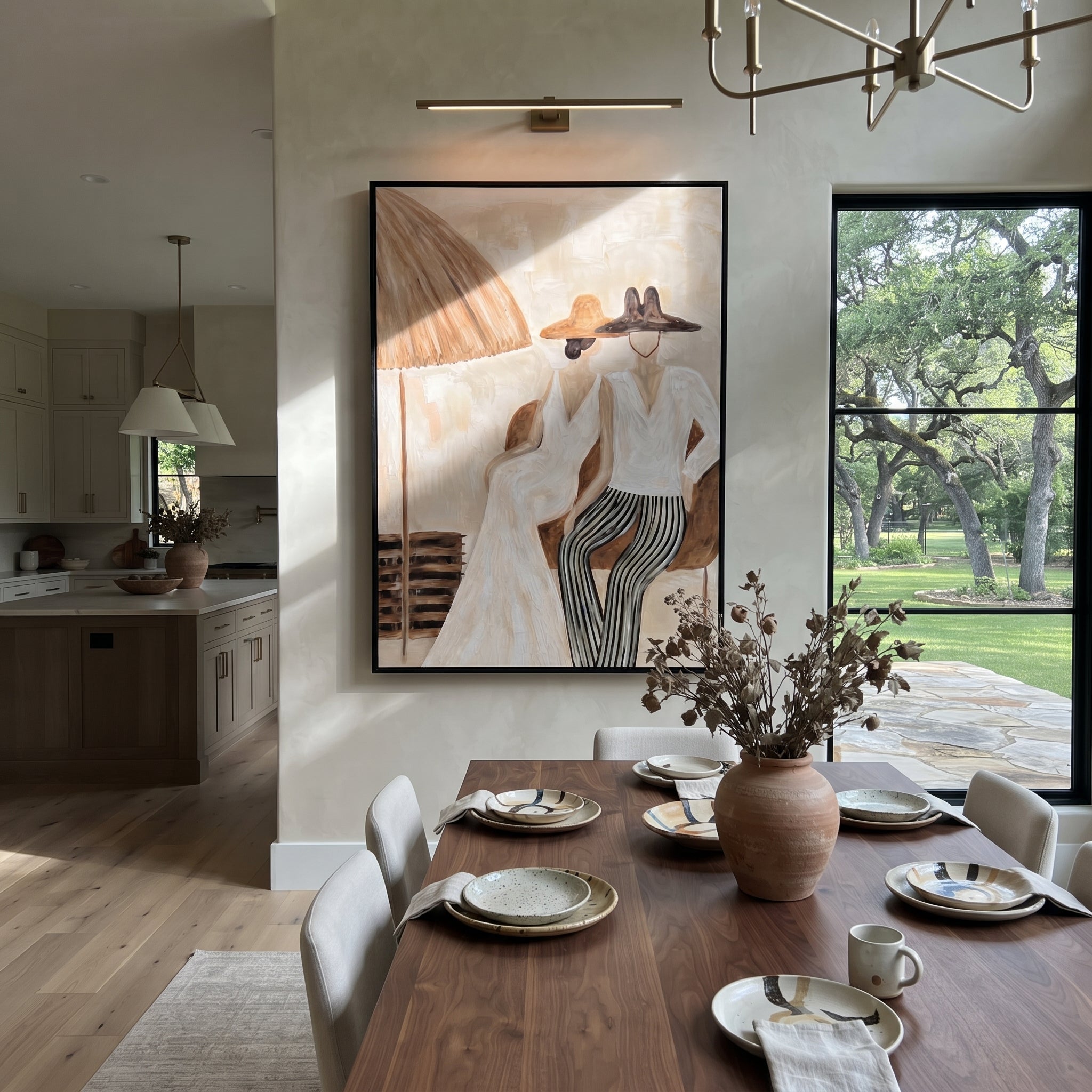 Stripes Lean Into Ivory - striped parasol couple painting by Claire Whitmore, modern coastal vertical wall art – styled room scene view 3