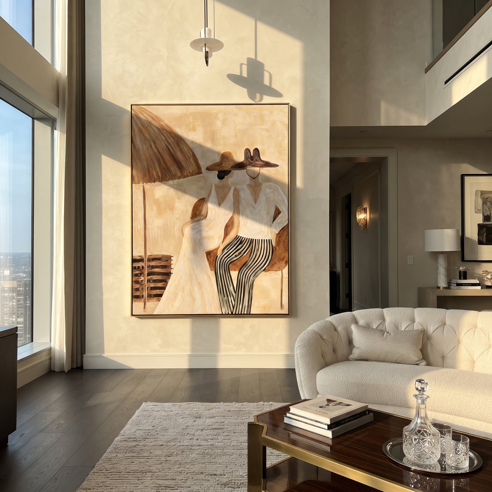 Stripes Lean Into Ivory - striped parasol couple painting by Claire Whitmore, modern coastal vertical wall art – styled room scene view 4