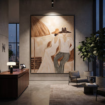 Stripes Lean Into Ivory - striped parasol couple painting by Claire Whitmore, modern coastal vertical wall art – styled room scene view 5