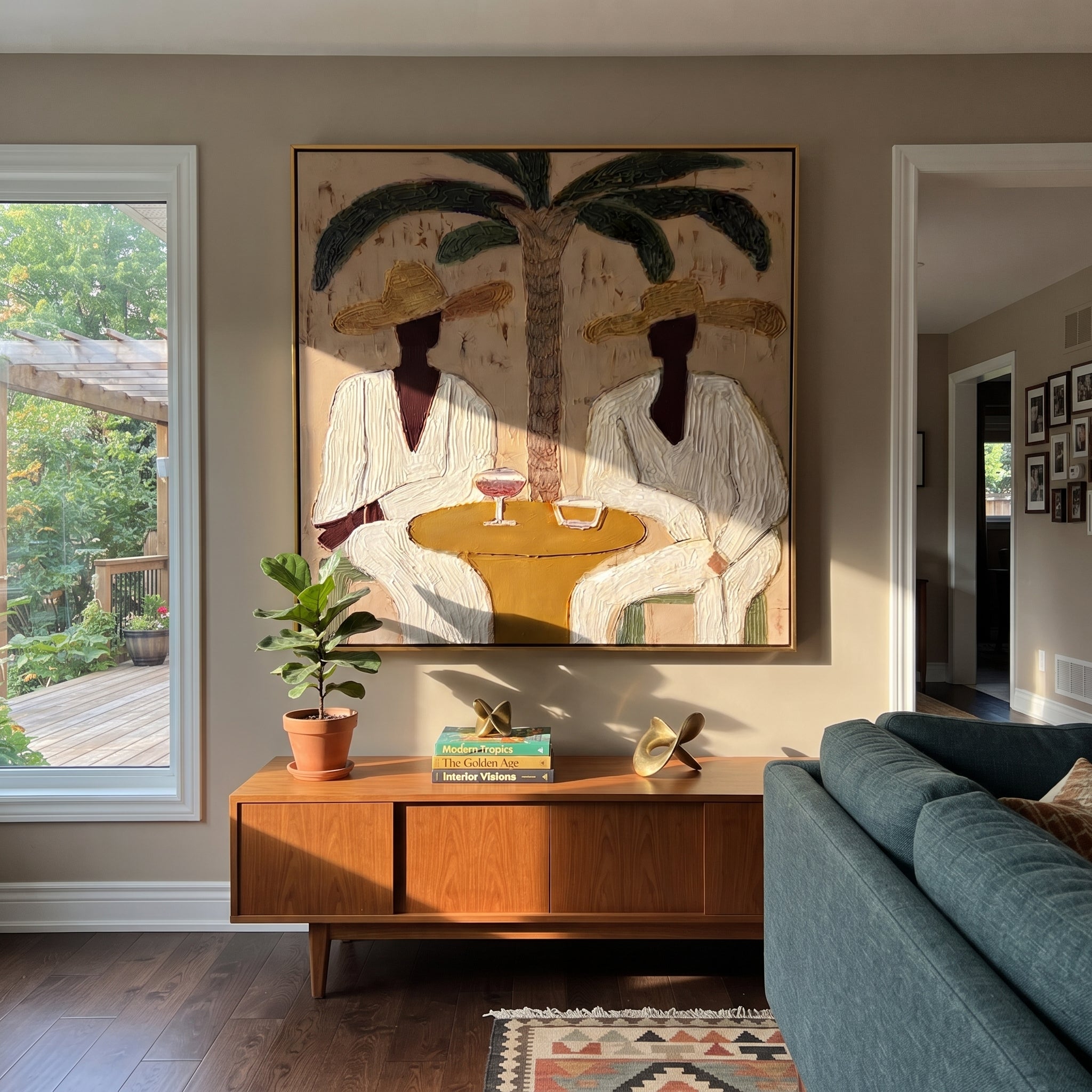 Palm Lunch Slows Time - palm lunch pair painting by Claire Whitmore, modern coastal square wall art – styled room scene view 1