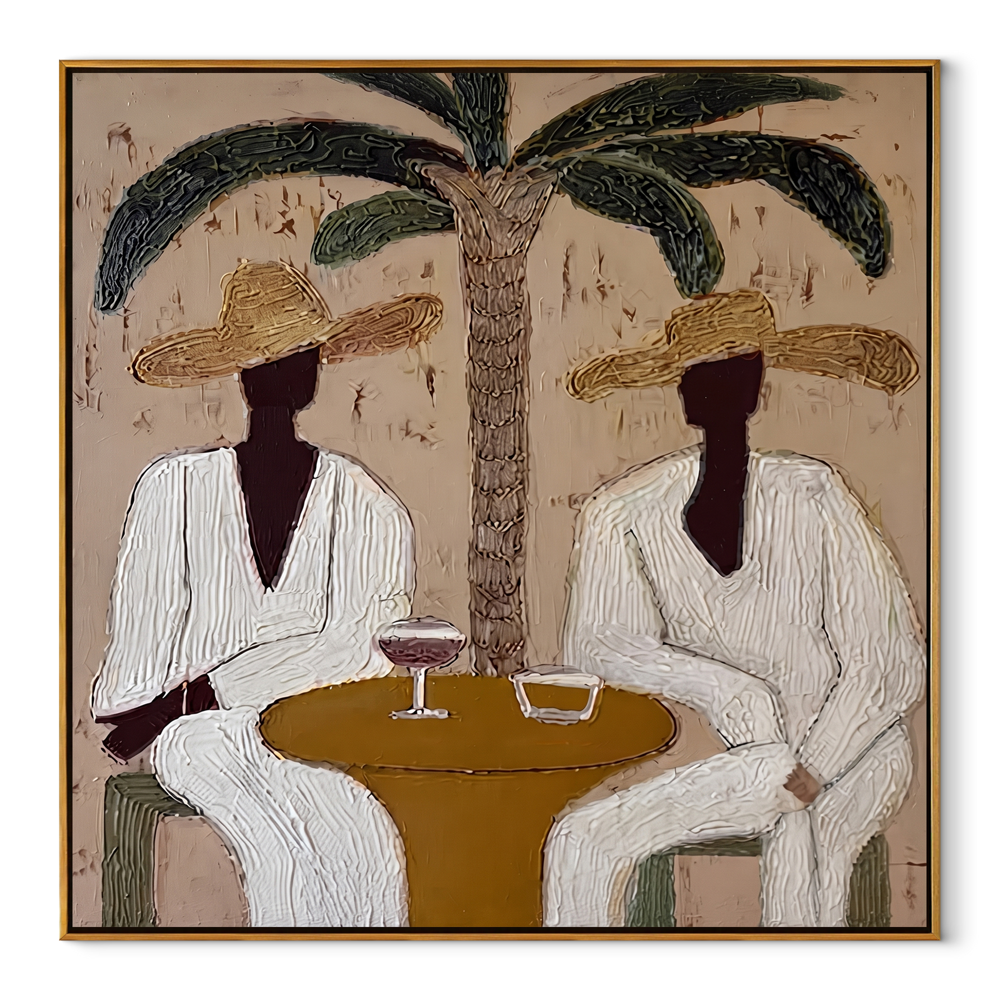 Palm Lunch Slows Time - palm lunch pair painting by Claire Whitmore, modern coastal square wall art – wood frame on white background