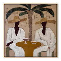 Palm Lunch Slows Time - palm lunch pair painting by Claire Whitmore, modern coastal square wall art – wood frame on white background