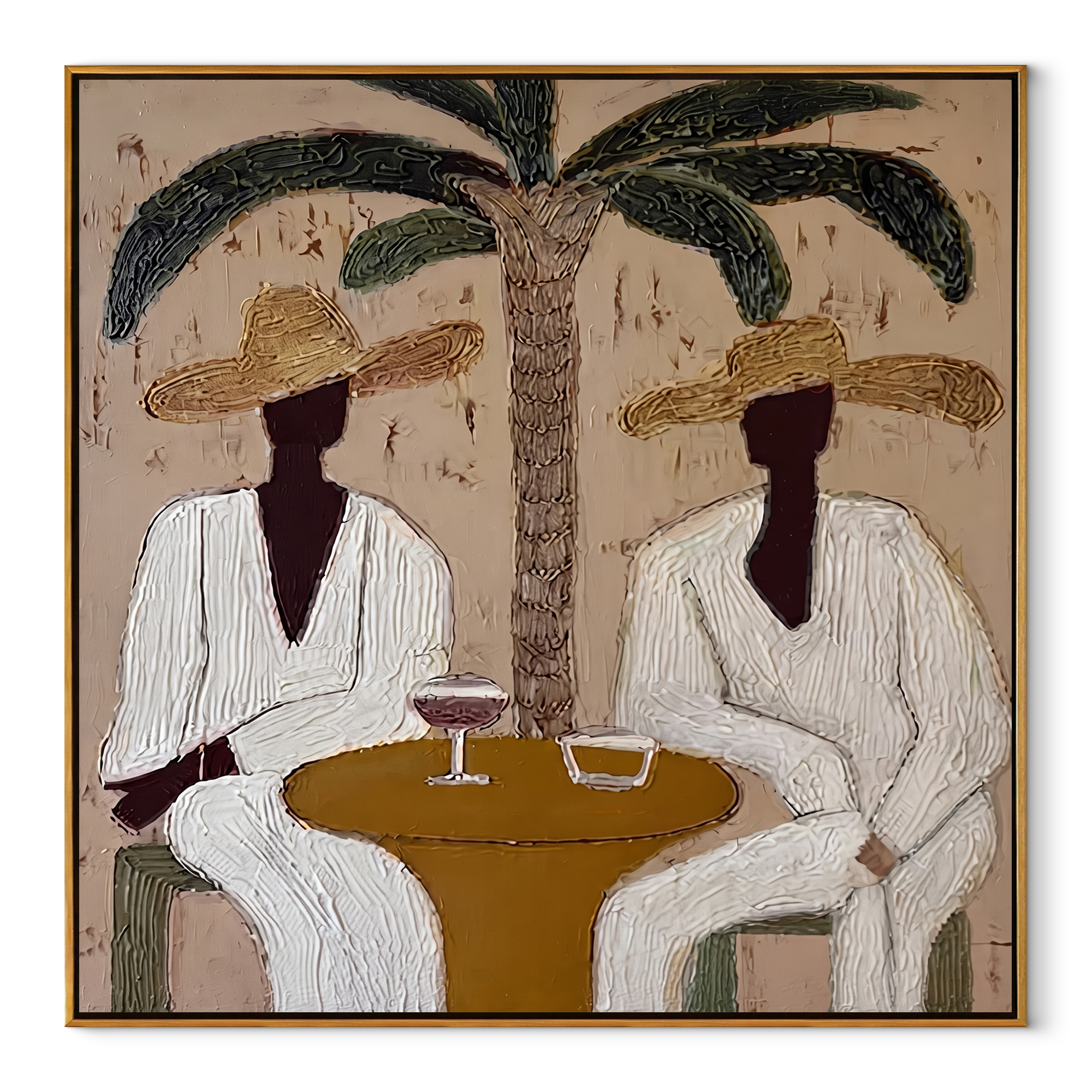 Palm Lunch Slows Time - palm lunch pair painting by Claire Whitmore, modern coastal square wall art – wood frame on white background
