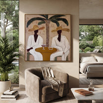 Palm Lunch Slows Time - palm lunch pair painting by Claire Whitmore, modern coastal square wall art – styled room scene view 2