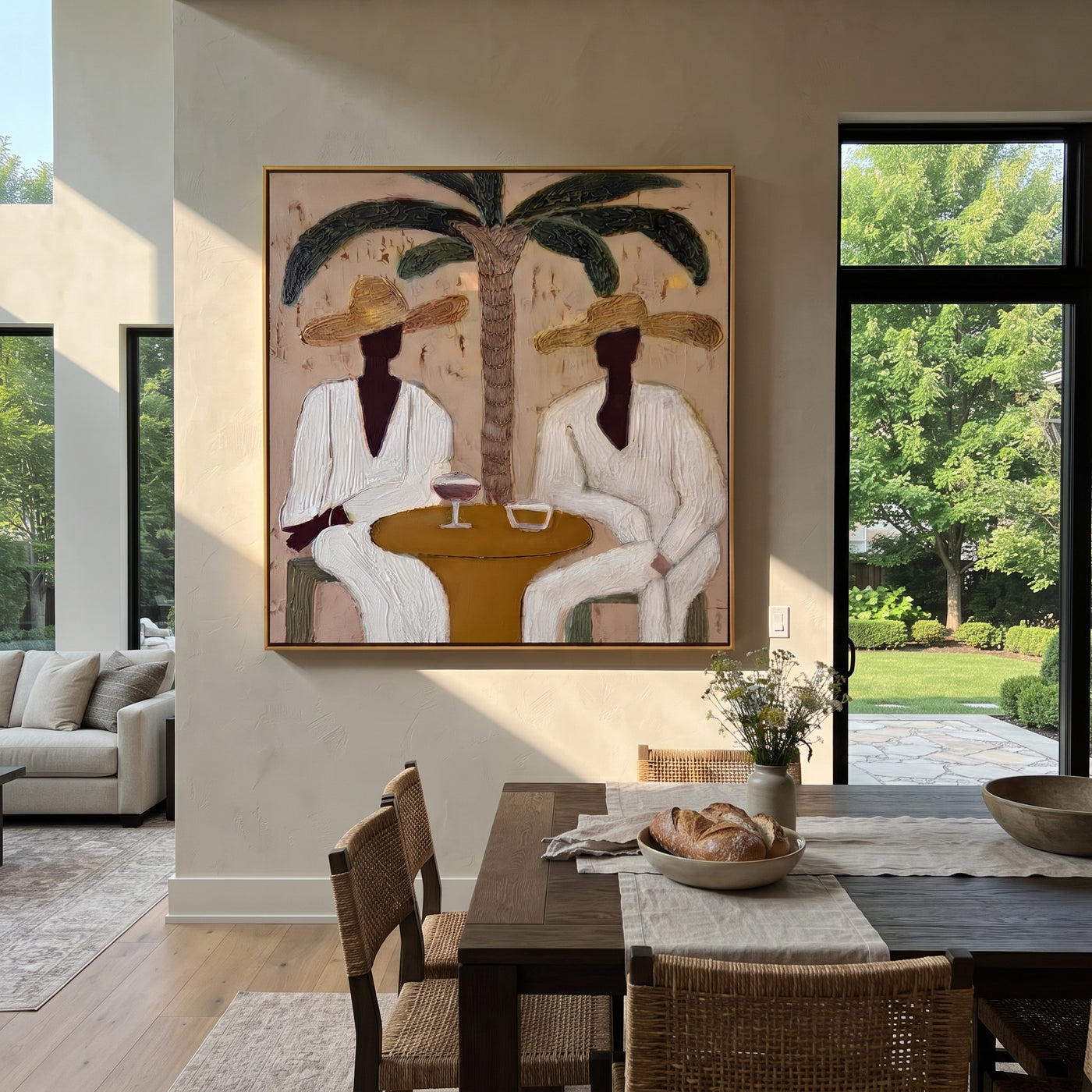 Palm Lunch Slows Time - palm lunch pair painting by Claire Whitmore, modern coastal square wall art – styled room scene view 3