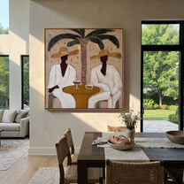 Palm Lunch Slows Time - palm lunch pair painting by Claire Whitmore, modern coastal square wall art – styled room scene view 3