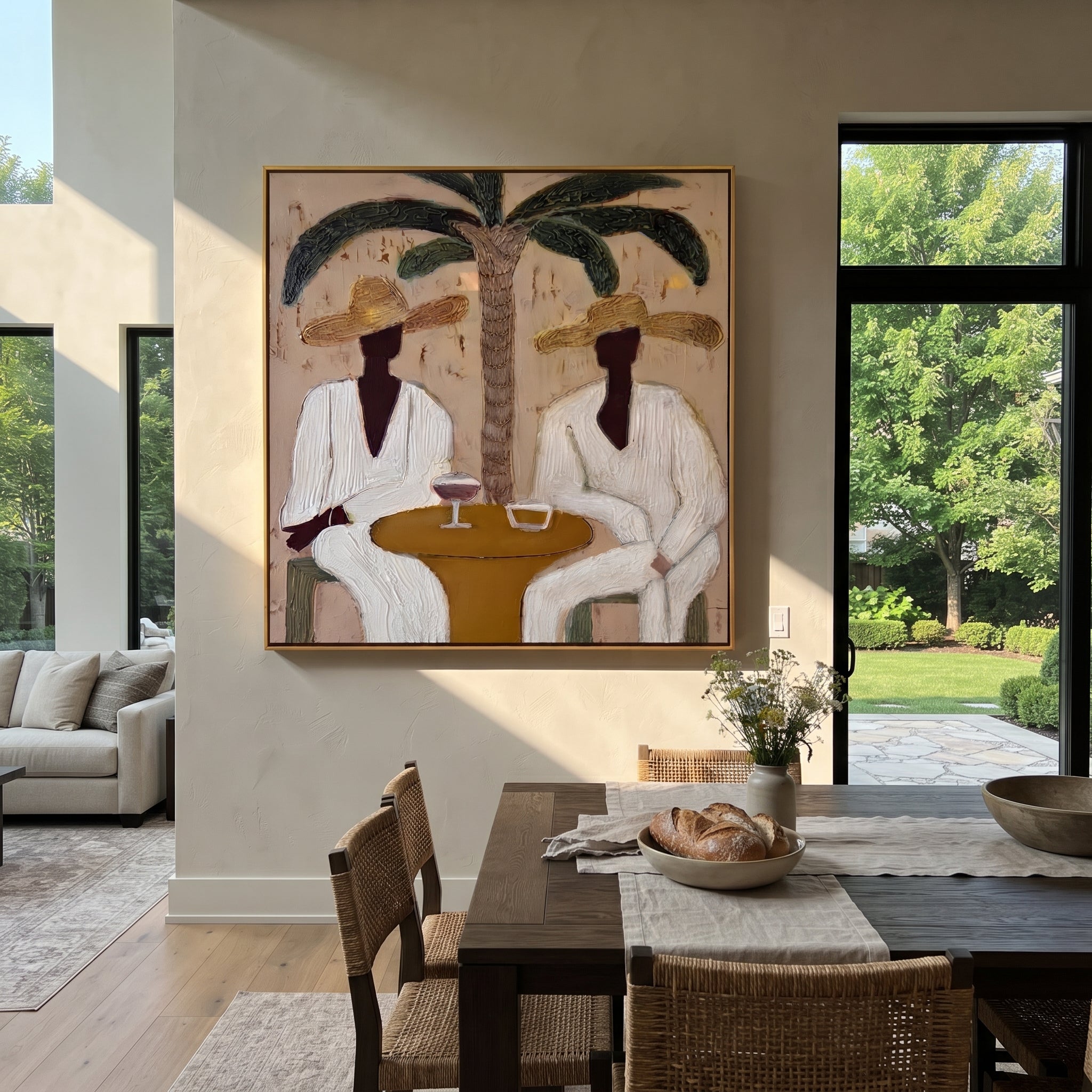 Palm Lunch Slows Time - palm lunch pair painting by Claire Whitmore, modern coastal square wall art – styled room scene view 3