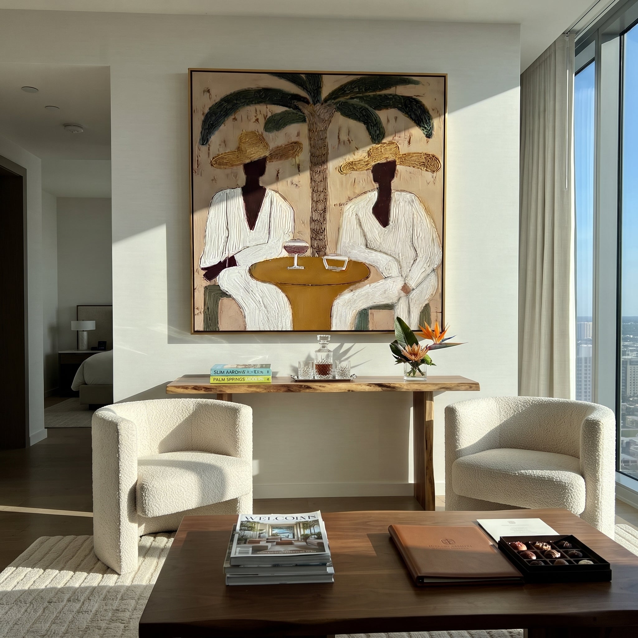 Palm Lunch Slows Time - palm lunch pair painting by Claire Whitmore, modern coastal square wall art – styled room scene view 4