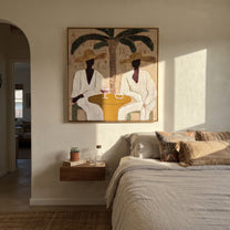 Palm Lunch Slows Time - palm lunch pair painting by Claire Whitmore, modern coastal square wall art – styled room scene view 5