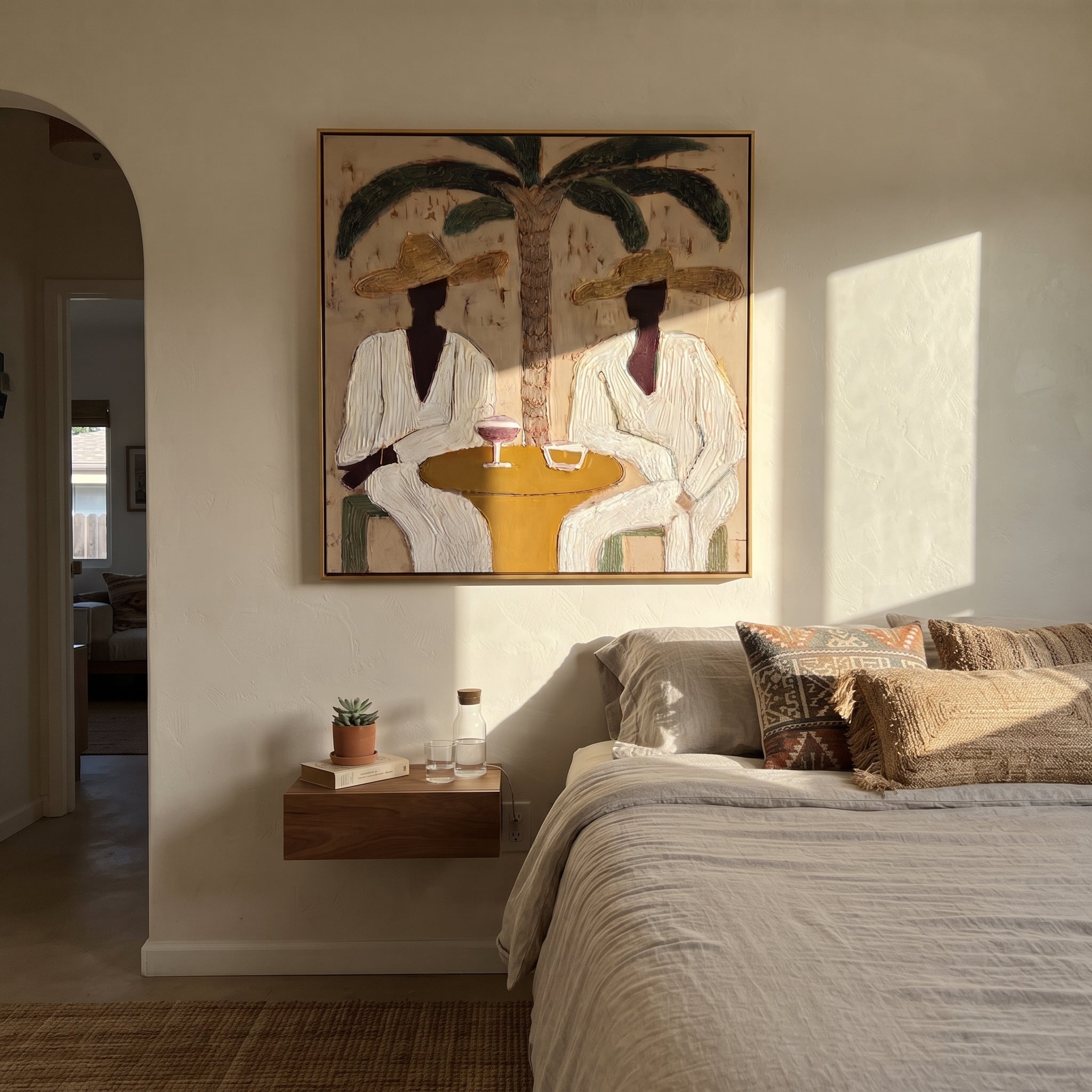 Palm Lunch Slows Time - palm lunch pair painting by Claire Whitmore, modern coastal square wall art – styled room scene view 5