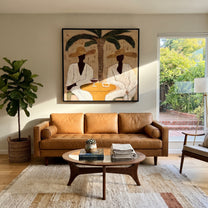Palm Lunch Slows Time - palm lunch pair painting by Claire Whitmore, modern coastal square wall art – styled room scene view 6