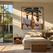 Striped Company Greets Noon - striped palm couple painting by Claire Whitmore, modern coastal square wall art – styled room scene view 1