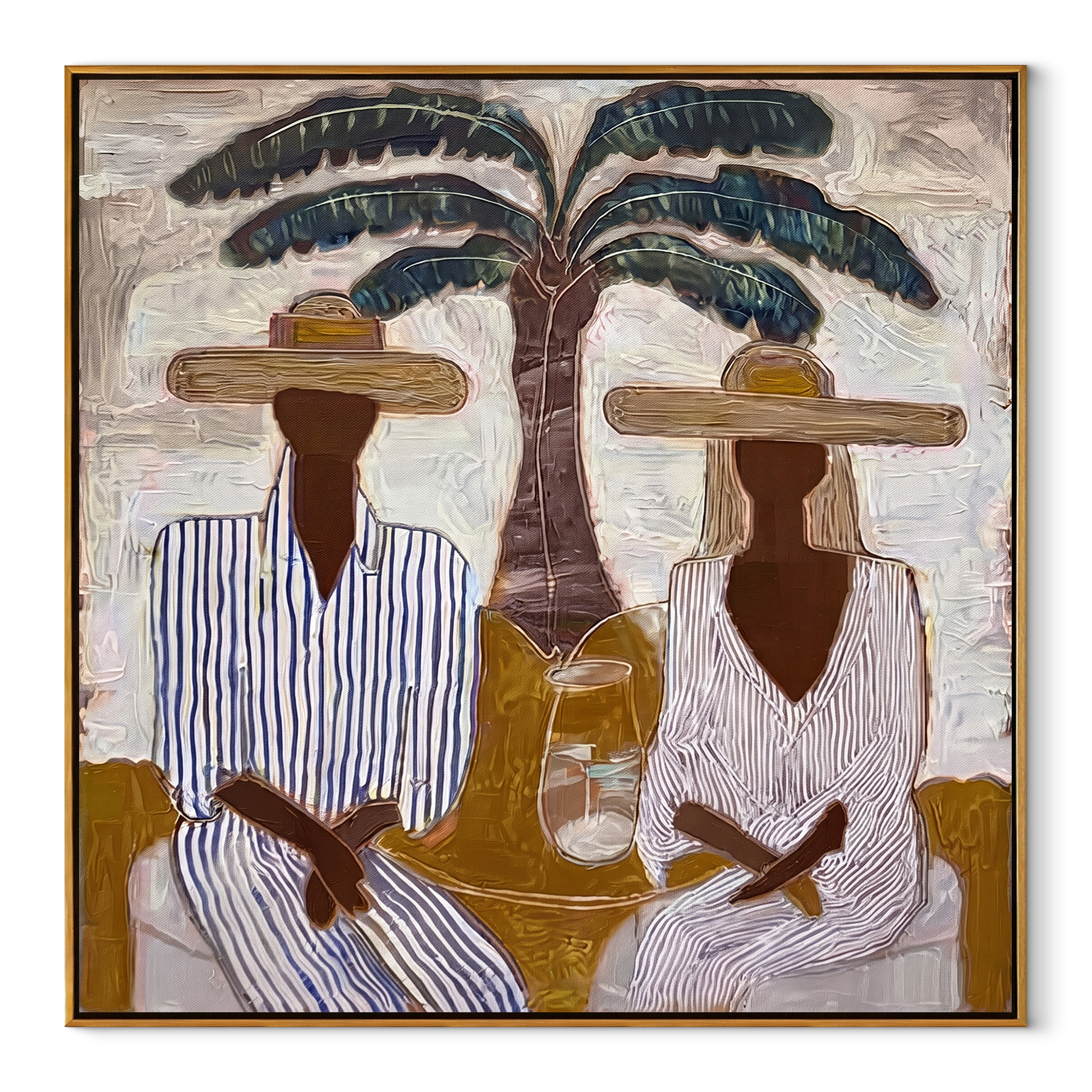 Striped Company Greets Noon - striped palm couple painting by Claire Whitmore, modern coastal square wall art – wood frame on white background