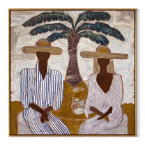Striped Company Greets Noon - striped palm couple painting by Claire Whitmore, modern coastal square wall art – wood frame on white background