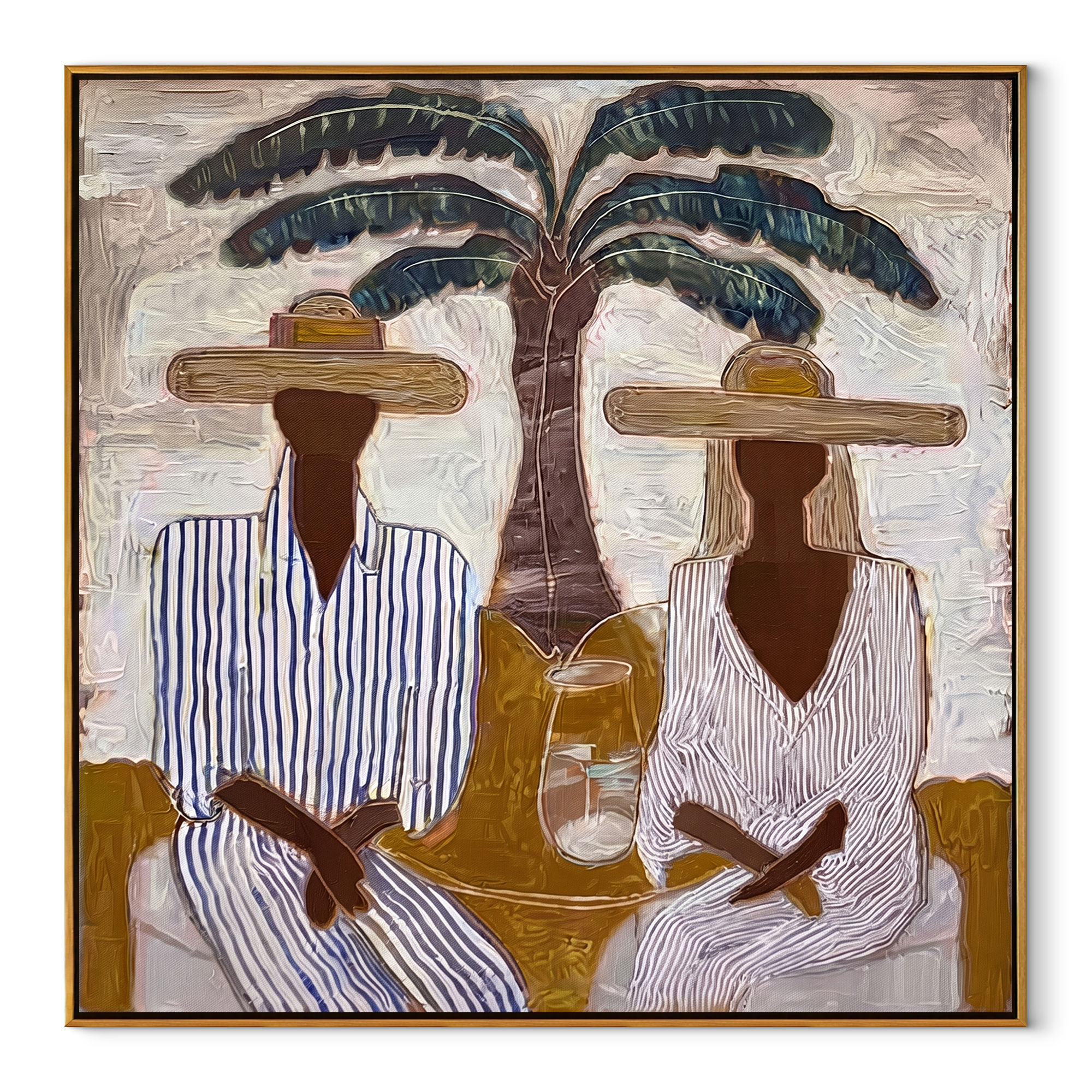 Striped Company Greets Noon - striped palm couple painting by Claire Whitmore, modern coastal square wall art – wood frame on white background