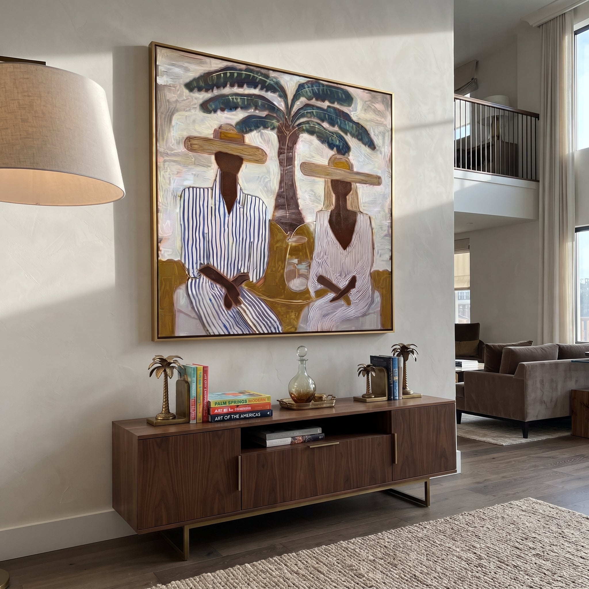 Striped Company Greets Noon - striped palm couple painting by Claire Whitmore, modern coastal square wall art – styled room scene view 2