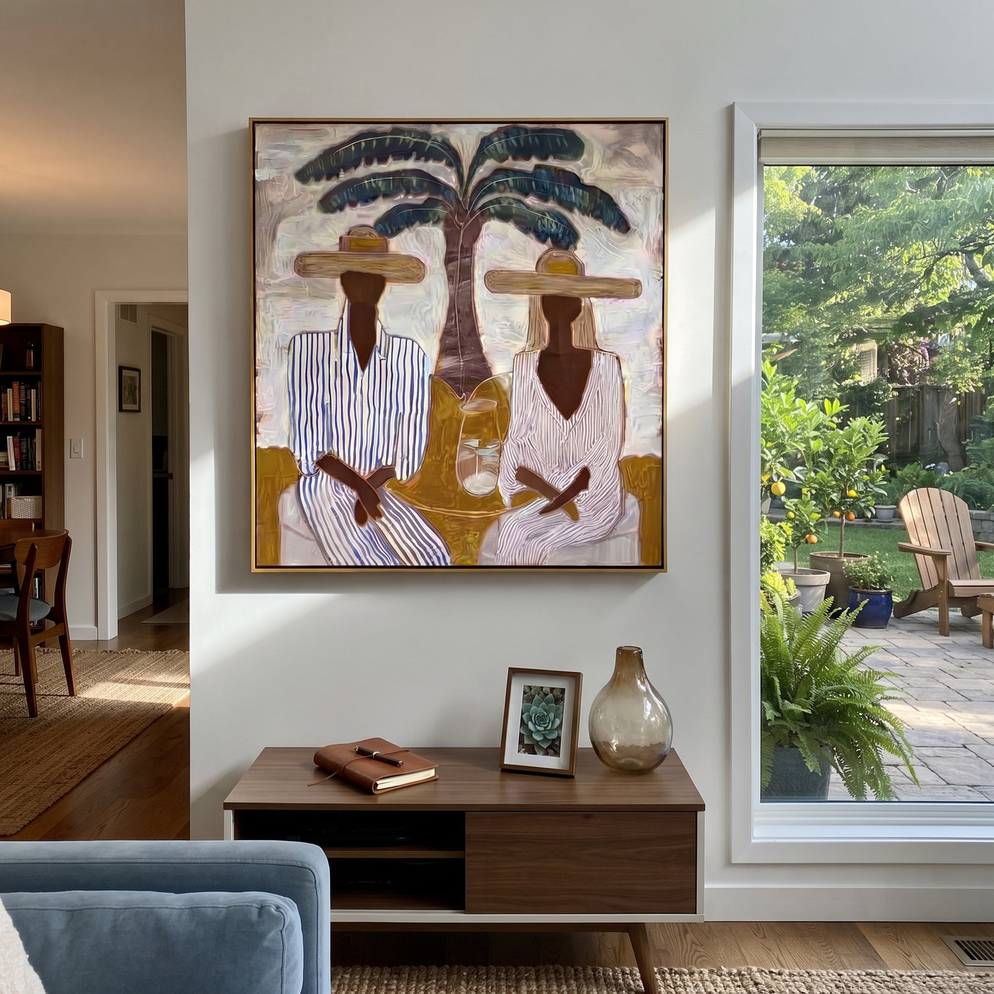 Striped Company Greets Noon - striped palm couple painting by Claire Whitmore, modern coastal square wall art – styled room scene view 3