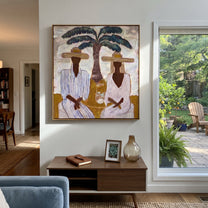 Striped Company Greets Noon - striped palm couple painting by Claire Whitmore, modern coastal square wall art – styled room scene view 3
