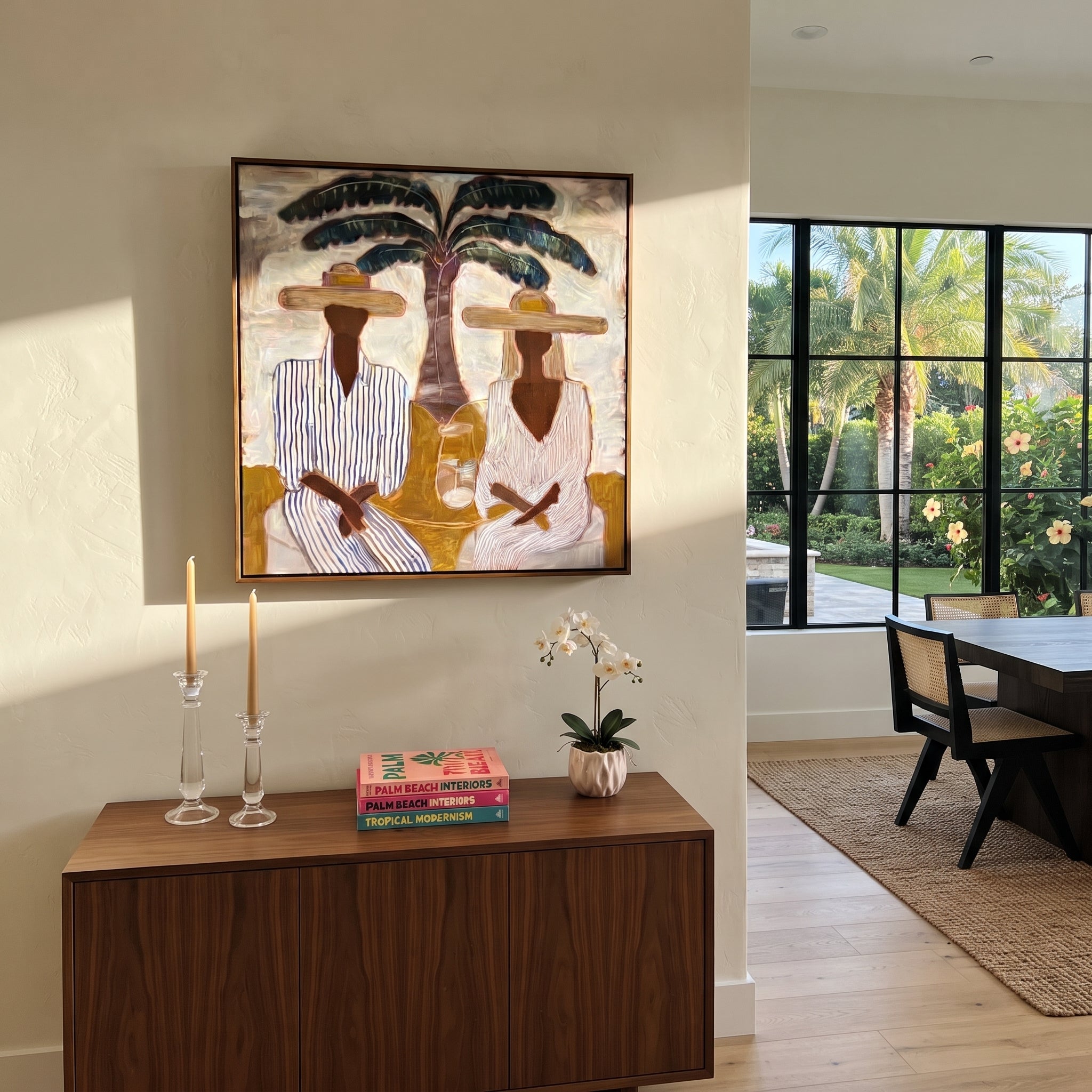Striped Company Greets Noon - striped palm couple painting by Claire Whitmore, modern coastal square wall art – styled room scene view 4