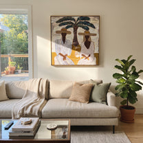 Striped Company Greets Noon - striped palm couple painting by Claire Whitmore, modern coastal square wall art – styled room scene view 5