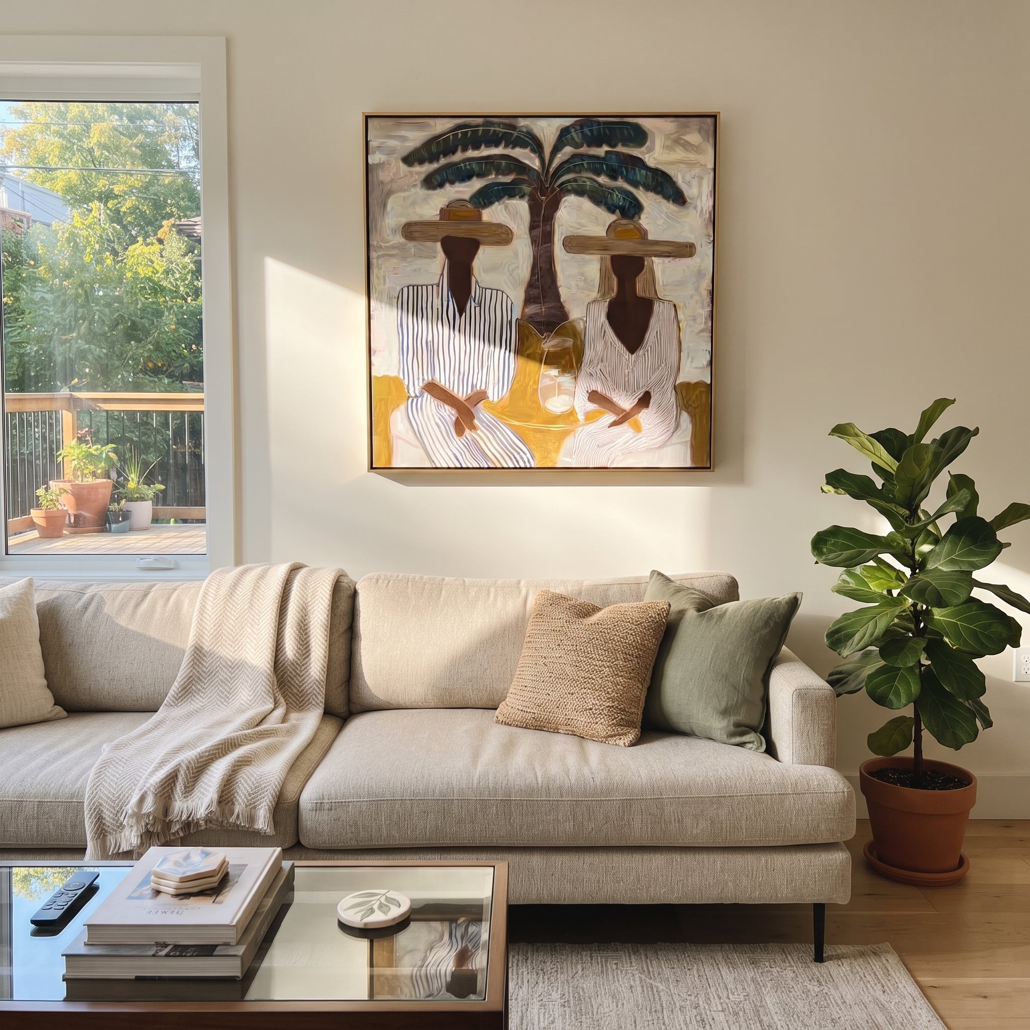Striped Company Greets Noon - striped palm couple painting by Claire Whitmore, modern coastal square wall art – styled room scene view 5