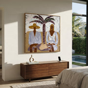 Palm Shade Holds Lunch - palm lunch figure painting by Claire Whitmore, modern coastal square wall art – styled room scene view 1
