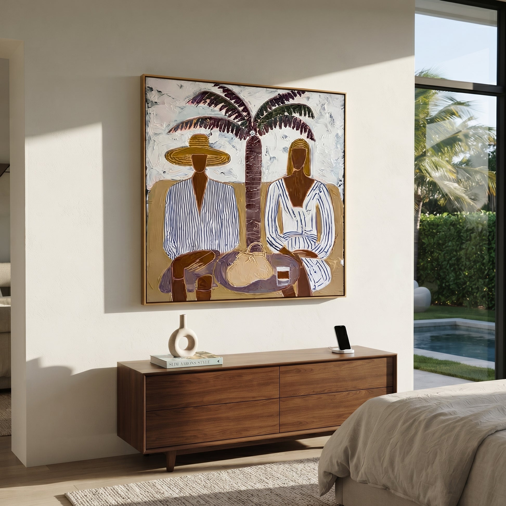 Palm Shade Holds Lunch - palm lunch figure painting by Claire Whitmore, modern coastal square wall art – styled room scene view 1