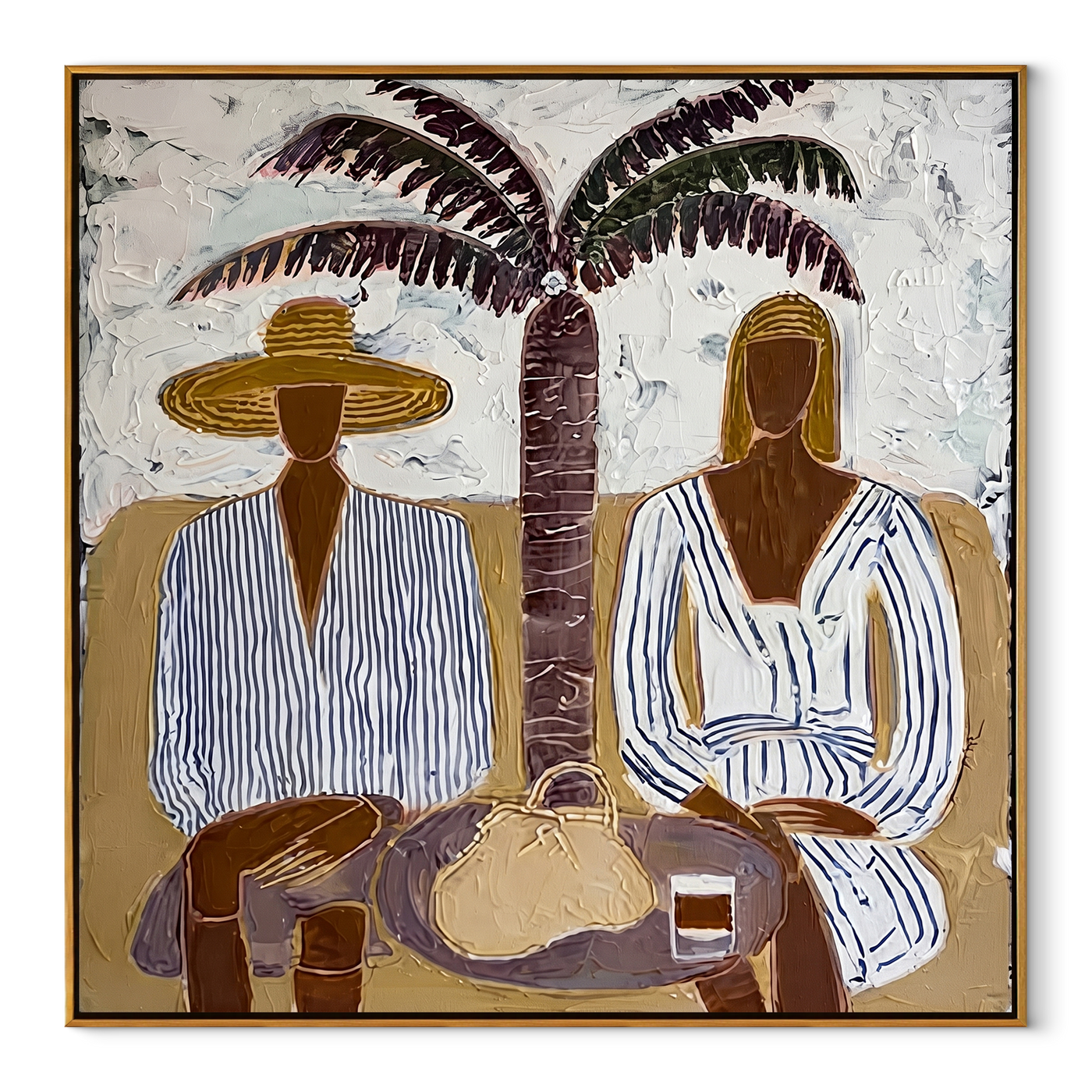 Palm Shade Holds Lunch - palm lunch figure painting by Claire Whitmore, modern coastal square wall art – wood frame on white background