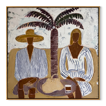 Palm Shade Holds Lunch - palm lunch figure painting by Claire Whitmore, modern coastal square wall art – wood frame on white background