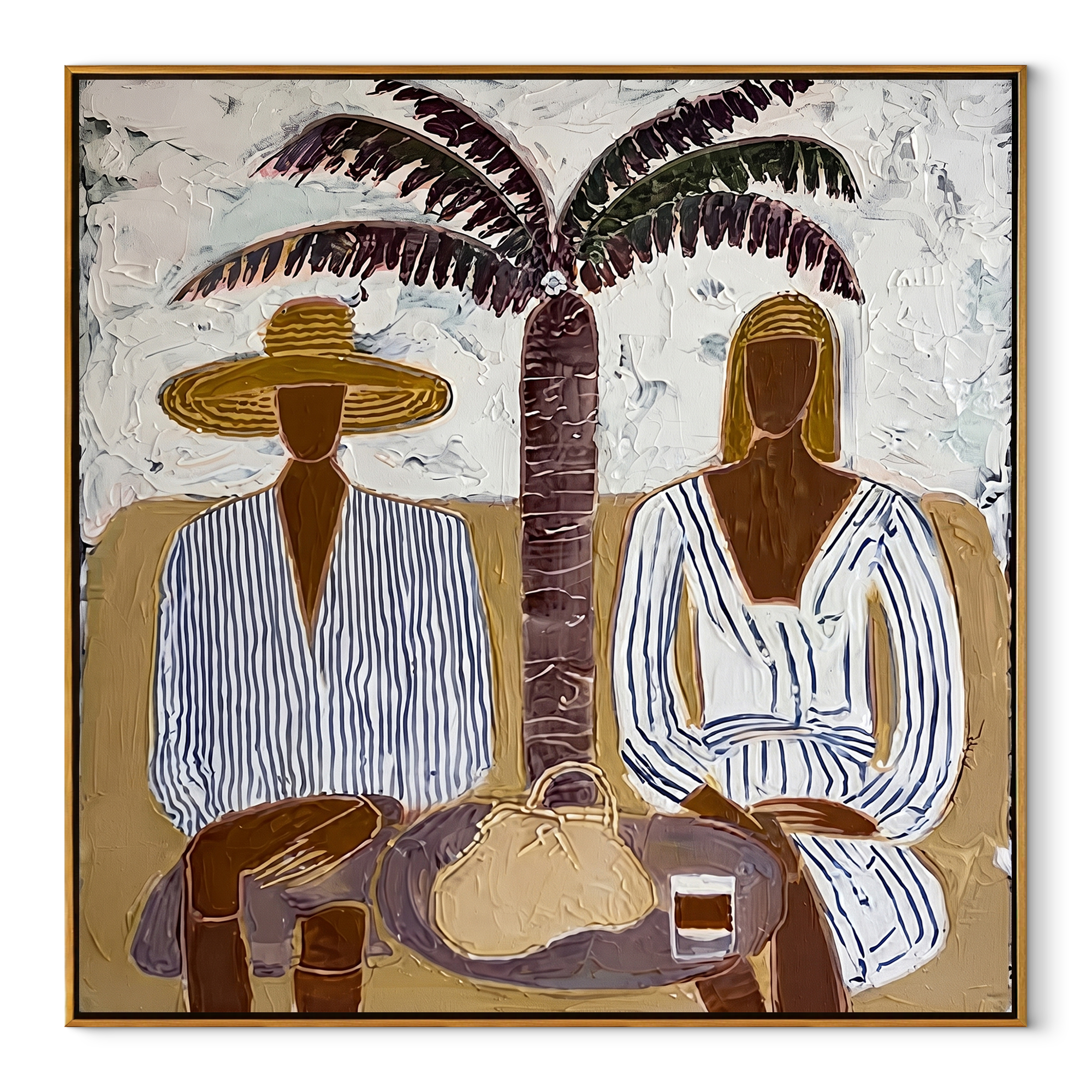 Palm Shade Holds Lunch - palm lunch figure painting by Claire Whitmore, modern coastal square wall art – wood frame on white background