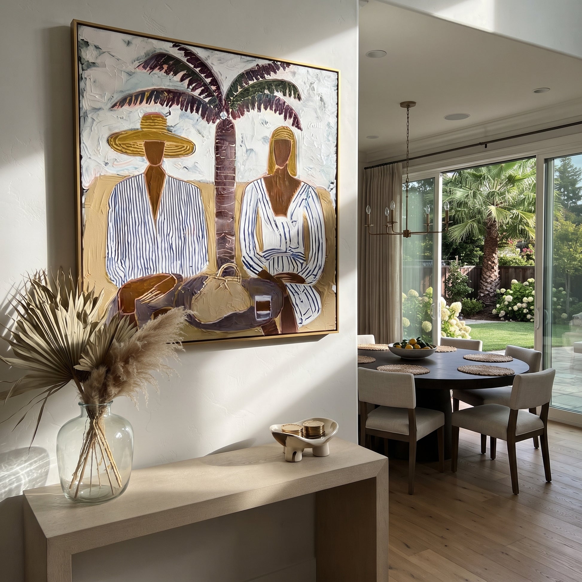 Palm Shade Holds Lunch - palm lunch figure painting by Claire Whitmore, modern coastal square wall art – styled room scene view 2