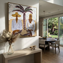 Palm Shade Holds Lunch - palm lunch figure painting by Claire Whitmore, modern coastal square wall art – styled room scene view 2
