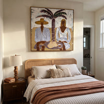 Palm Shade Holds Lunch - palm lunch figure painting by Claire Whitmore, modern coastal square wall art – styled room scene view 3