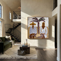 Palm Shade Holds Lunch - palm lunch figure painting by Claire Whitmore, modern coastal square wall art – styled room scene view 4